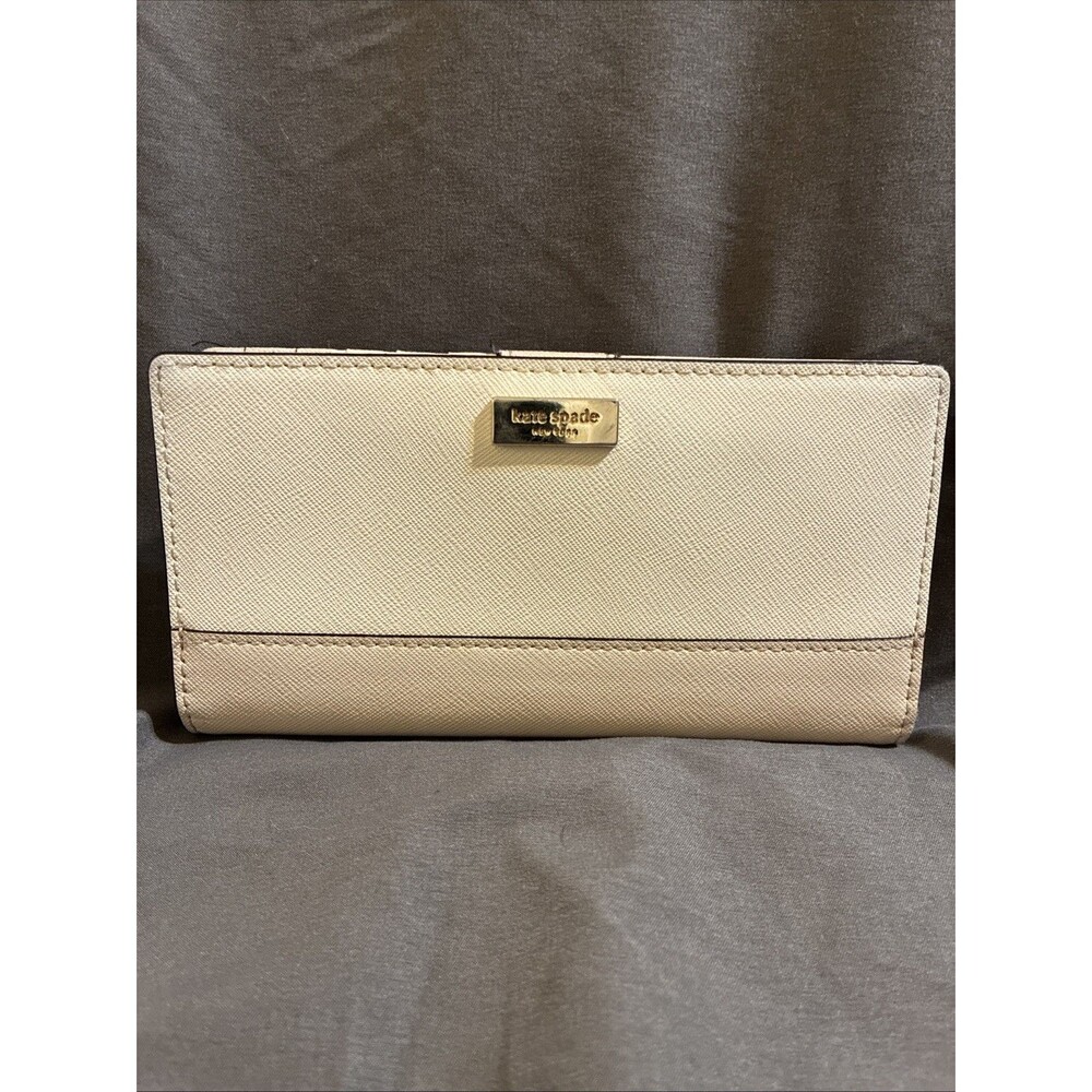Kate Spade Laurel Way Stacy Snap Wallet Almond Black Leather Saffiano Cream Gold